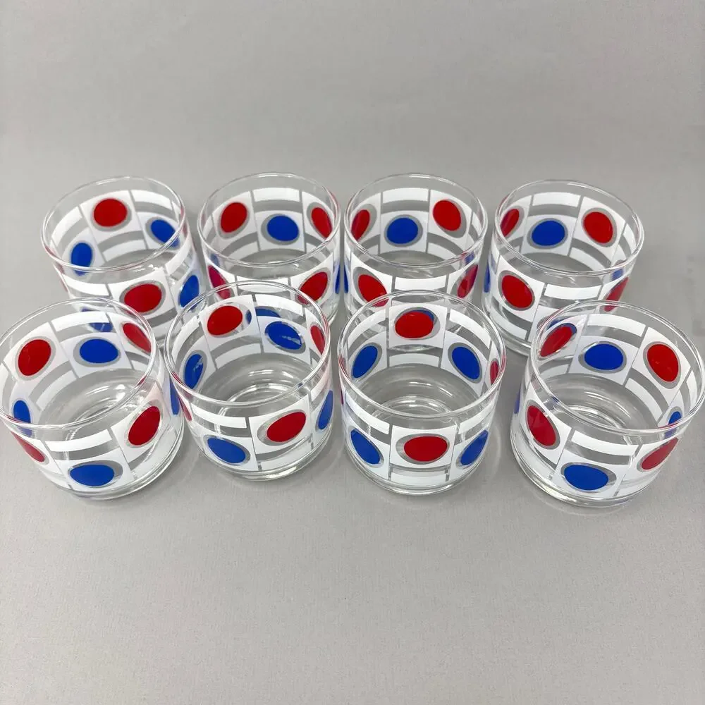 Set of 8 Vintage MCM Libbey Patriotic Red White Blue Dot Pattern Low Ball READ